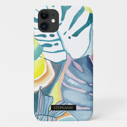 Monstera Watercolor Abstracte Kunst Naam Hoesje (Achterkant)