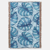 Monstera waterverf patroon blauw deken (Voorkant Verticaal)