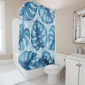 Monstera waterverf patroon blauw douchegordijn (In situ)