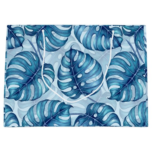 Monstera waterverf patroon blauw groot cadeauzakje (Voorkant)