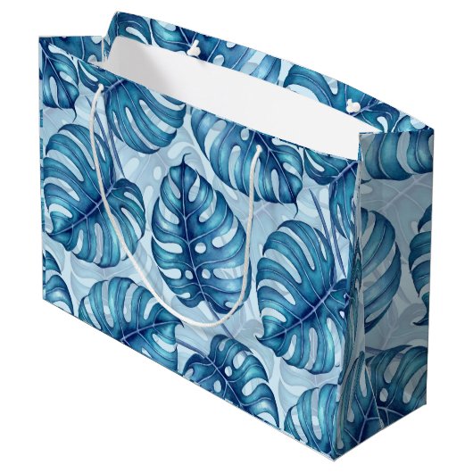 Monstera waterverf patroon blauw groot cadeauzakje (Achterkant Gekanteld)