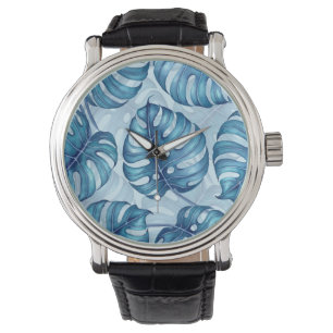 Monstera waterverf patroon blauw horloge