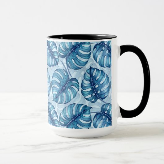 Monstera waterverf patroon blauw mok (Rechts)