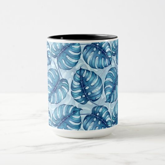Monstera waterverf patroon blauw mok (Midden)