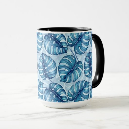 Monstera waterverf patroon blauw mok (Voorkant rechts)