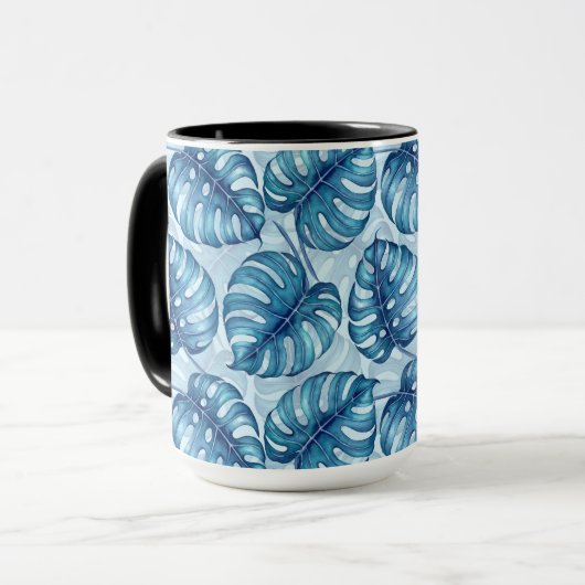 Monstera waterverf patroon blauw mok (Voorkant links)