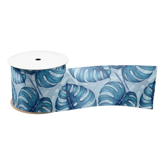 Monstera waterverf patroon blauw satijnen lint (Spoel)