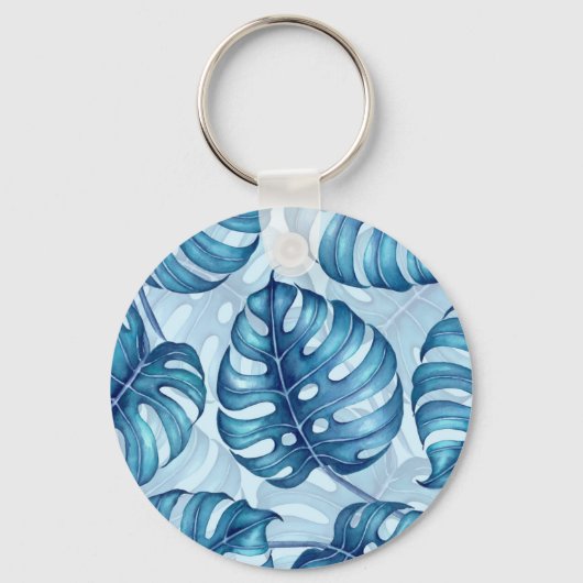 Monstera waterverf patroon blauw sleutelhanger (Voorkant)