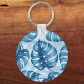 Monstera waterverf patroon blauw sleutelhanger (Voorkant)