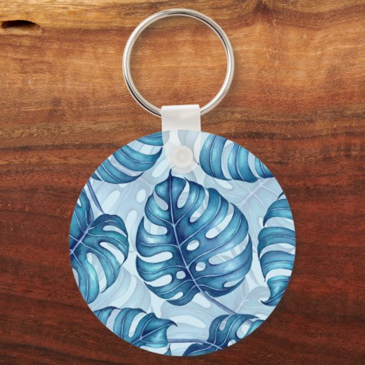 Monstera waterverf patroon blauw sleutelhanger (Voorkant)