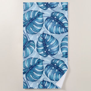 Monstera waterverf patroon blauw strandlaken