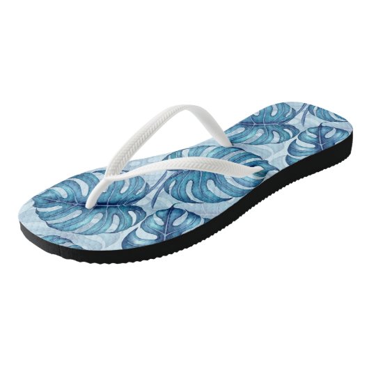 Monstera waterverf patroon blauw teenslippers (Schuin)