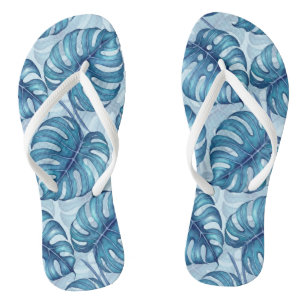 Monstera waterverf patroon blauw teenslippers