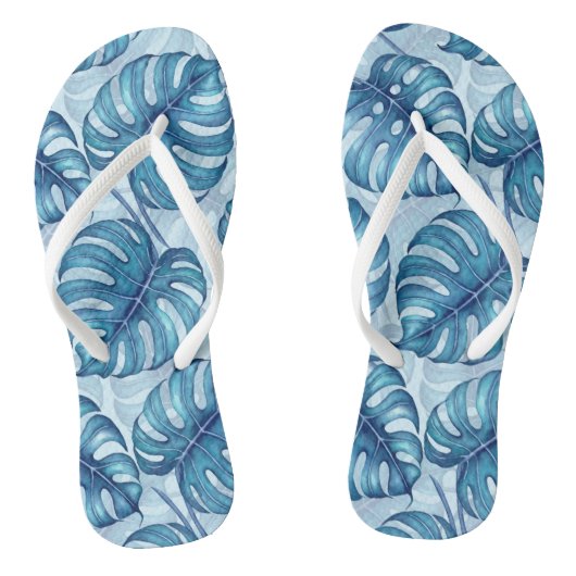 Monstera waterverf patroon blauw teenslippers (Voetbed)
