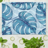 Monstera waterverf patroon blauw theedoek (Gevouwen)