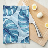 Monstera waterverf patroon blauw theedoek (Quarter Fold)
