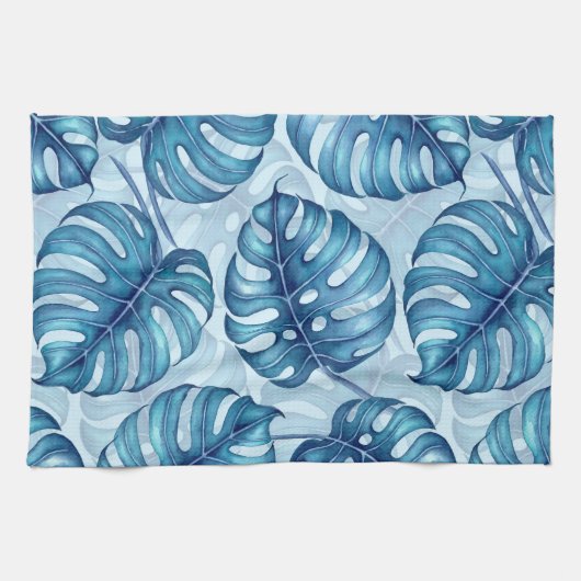 Monstera waterverf patroon blauw theedoek (Horizontaal)