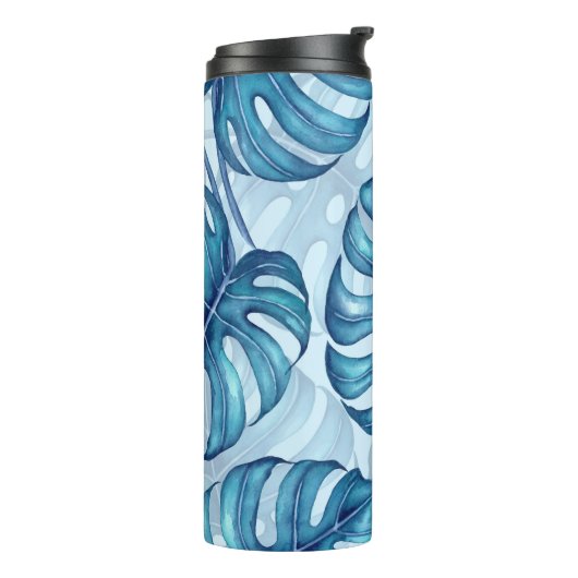 Monstera waterverf patroon blauw thermosbeker (Gedraaid links)