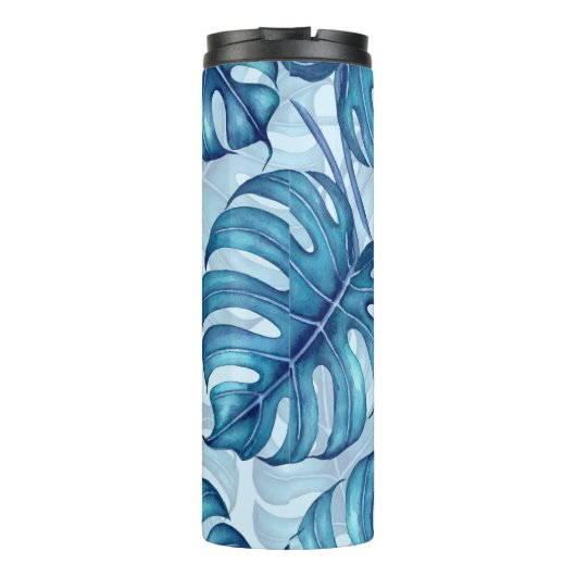 Monstera waterverf patroon blauw thermosbeker (Achterkant)