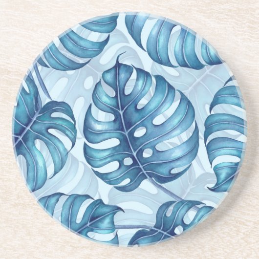 Monstera waterverf patroon blauw zandsteen onderzetter (Voorkant)