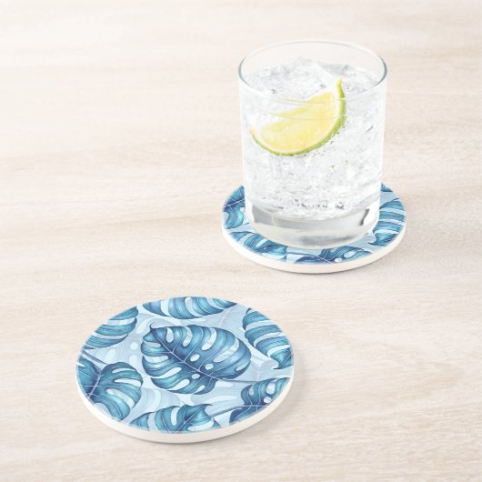 Monstera waterverf patroon blauw zandsteen onderzetter (Zijkant)