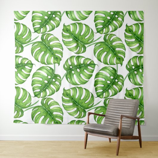 Monstera waterverf patroon wandkleed (In Situ (horizontaal))
