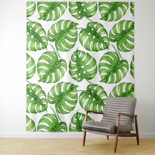 Monstera waterverf patroon wandkleed (In situ)