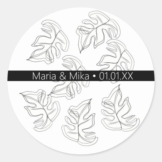 Monstera Zwart Wit Botanische Bruiloft Ronde Sticker (Voorkant)