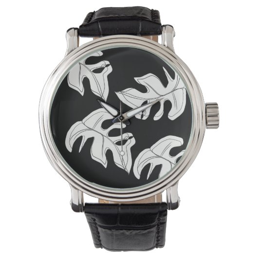 Monstera Zwart Witte Botanische Huwelijk Horloge (Voorkant)