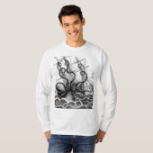 Monsterachtige octopus valt een schip aan t-shirt (Voorkant volledig)