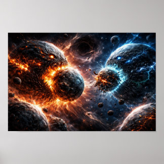 Monsterplaneten botsen tegen elkaar poster