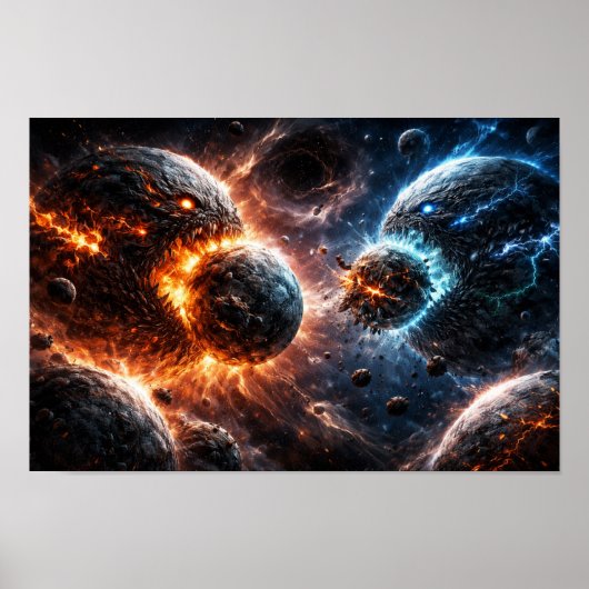 Monsterplaneten botsen tegen elkaar poster (Voorkant)