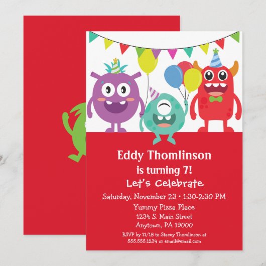 Monsters Birthday Invitation Boys Colorful Monster Kaart (Voorkant / Achterkant)