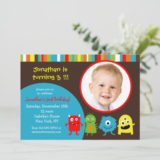 Monsters Birthday Party Invitations with Photo Kaart (Staand voorkant)