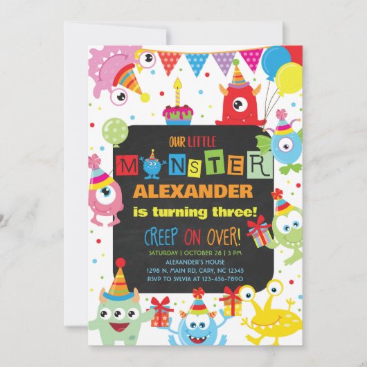 Monsters boy birthday invitation, any age. kaart (Voorkant)