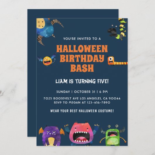 Monsters Halloween Birthday Uitnodiging (Voorkant / Achterkant)