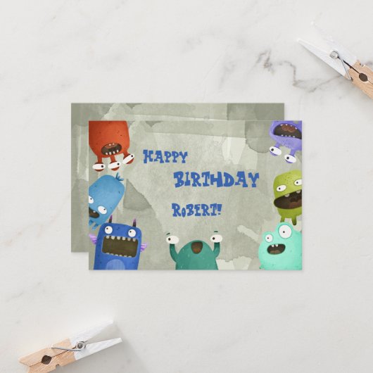 Monsters Happy Birthday kind Wenskaart Kaart (Voorkant / Achterkant in situ)