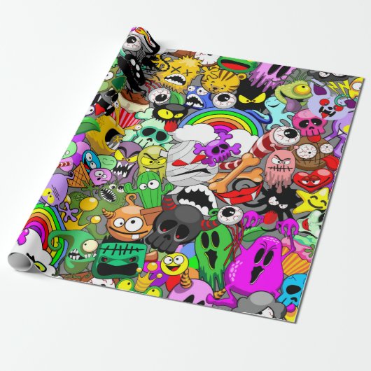 Monsters Leuke Karakters Halloween Patroon Cadeaupapier (Uitgerold)