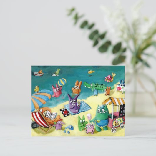 Monsters op het strand briefkaart (Staand voorkant)