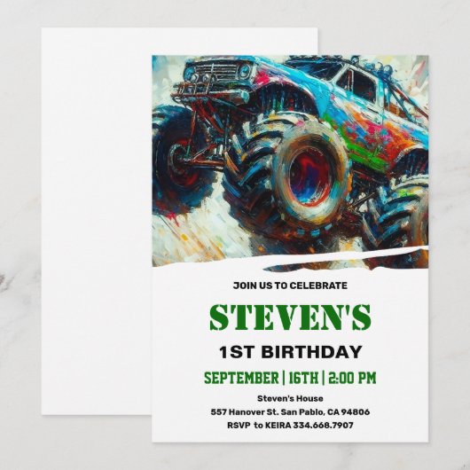 monstertruck 1e verjaardag kaart (Voorkant / Achterkant)