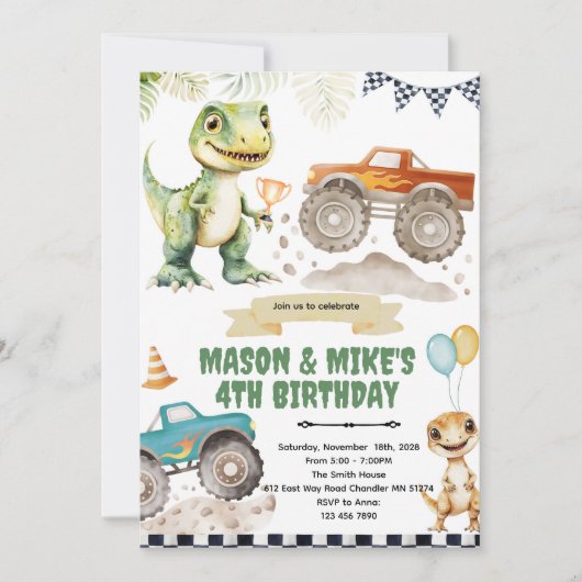Monstertruck dinosaurus thema uitnodiging (Voorkant)