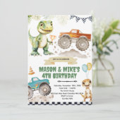 Monstertruck dinosaurus thema uitnodiging (Staand voorkant)