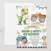 Monstertruck dinosaurus thema uitnodiging (Voorkant / Achterkant)