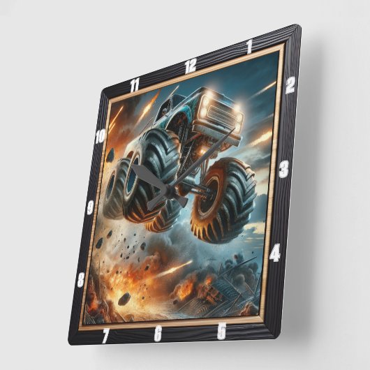 Monstertruck springt tussen explosies vierkante klok (Hoek)