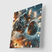 Monstertruck springt tussen explosies vierkante klok (Hoek)