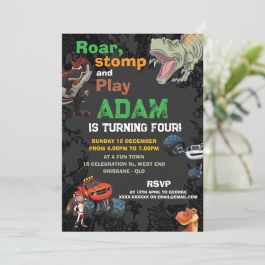 Monstertruck & T Rex Boys jarig Kaart (Staand voorkant)
