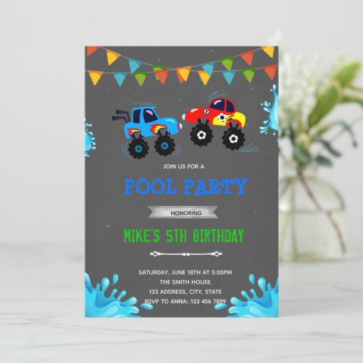 Monstertruck zwembadfeest kaart (Staand voorkant)