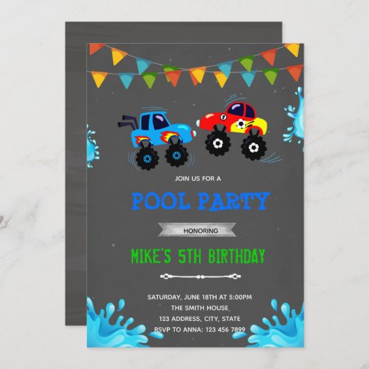 Monstertruck zwembadfeest kaart (Voorkant / Achterkant)