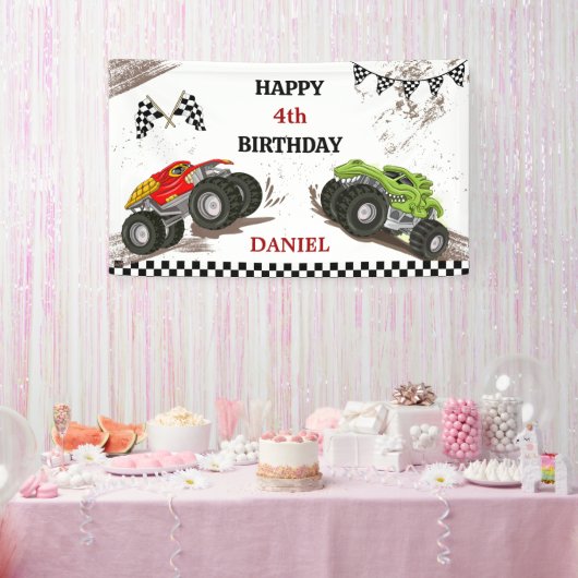 Monstertruckfeestje cool modern kind 4e verjaardag spandoek (Feest)