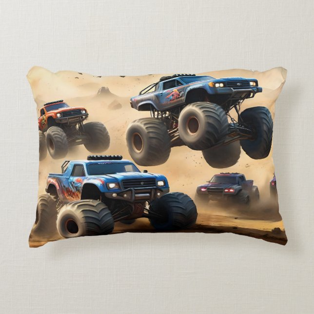 Monstertrucks racen in de woestijn, accent kussen (Voorkant)